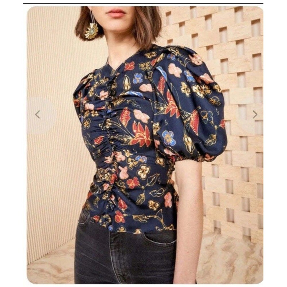 Ulla Johnson Elise Top Silk Odessa Sz 4 Floral Navy Ruched Puff Sleeve Blouse